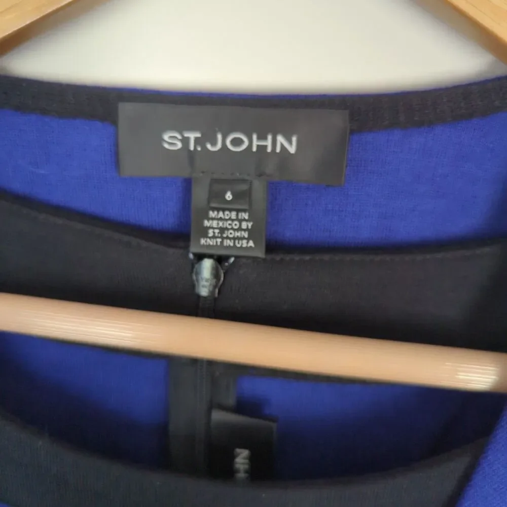 St. John Blue Black Colorblock Jacket Milano Knit Dress Set Size 6/12 Career